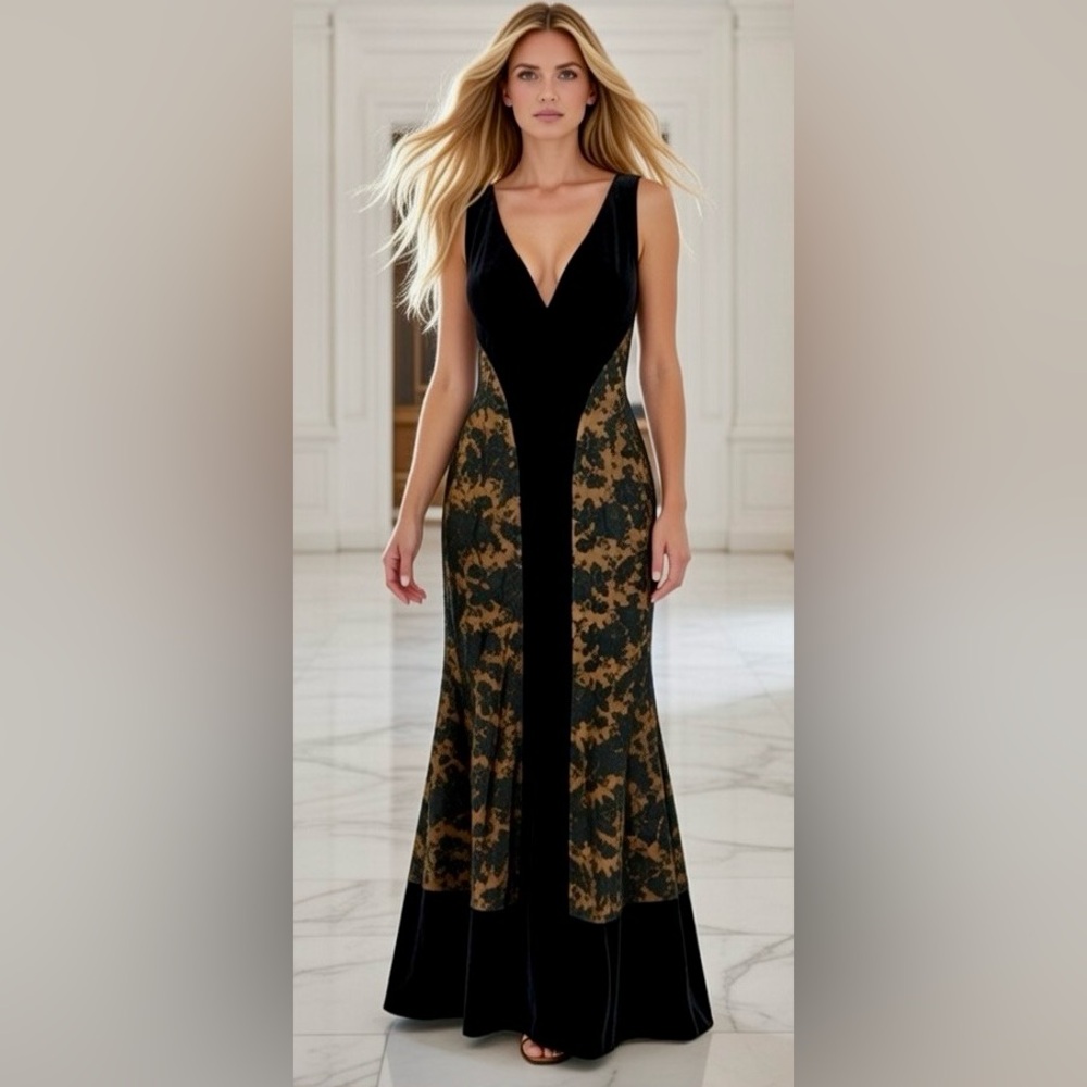 VTG ~ Peggy Jennings Couture Black and Tan Gown Lace ~ Velvet ~ Silk - Picture 4 of 15